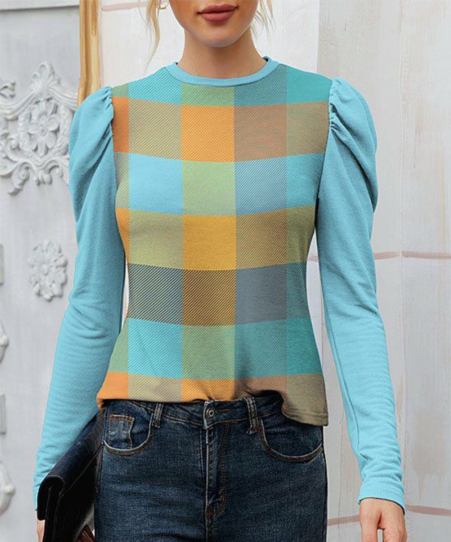 Women * | Flash Sale Izuria Blue & Yellow Plaid Puff-Sleeve Top Women