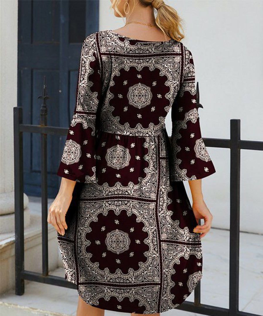 Women * | Wholesale Izuria Coffee & White Paisley Floral Bell-Sleeve Empire-Waist Dress Women