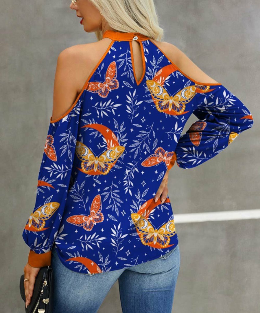 Womens Plus * | Hot Sale Izuria Blue & Orange Butterfly Cold-Shoulder Surplice Top Women