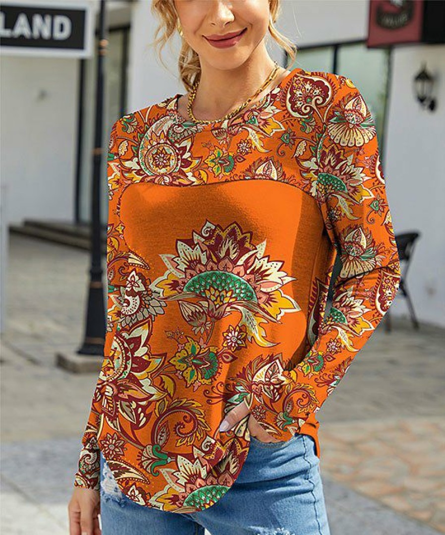 Women * | Top 10 Izuria Orange & Red Floral Long-Sleeve Crewneck Top Women & Plus