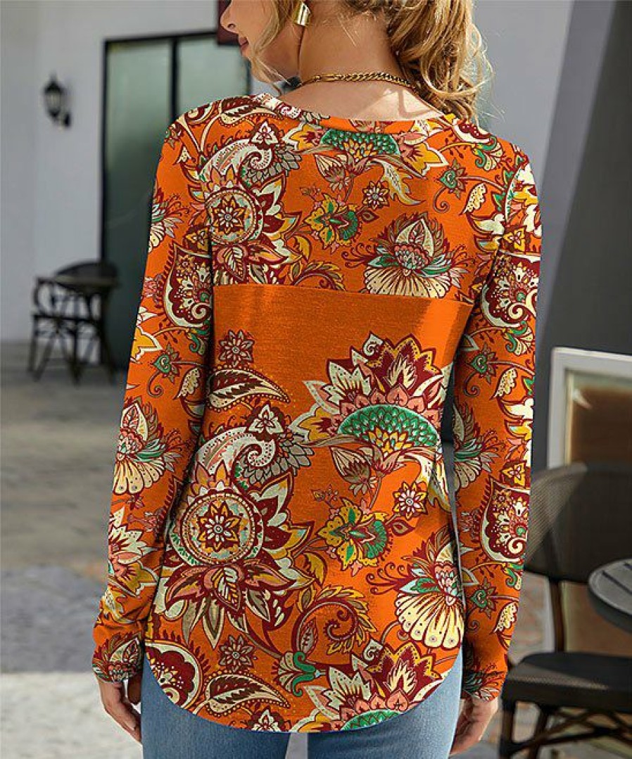 Women * | Top 10 Izuria Orange & Red Floral Long-Sleeve Crewneck Top Women & Plus