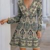 Women * | Buy Izuria Beige & Green Damask Long Sleeve Empire-Waist Surplice Dress Women