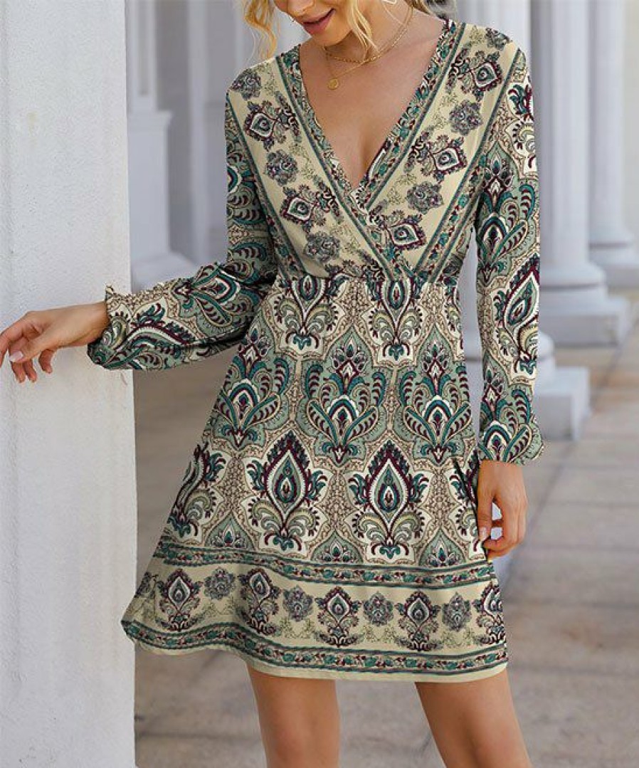 Women * | Buy Izuria Beige & Green Damask Long Sleeve Empire-Waist Surplice Dress Women