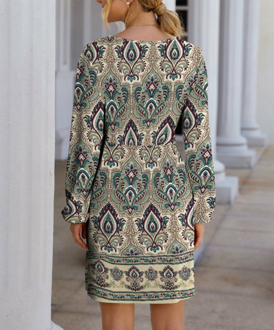 Women * | Buy Izuria Beige & Green Damask Long Sleeve Empire-Waist Surplice Dress Women