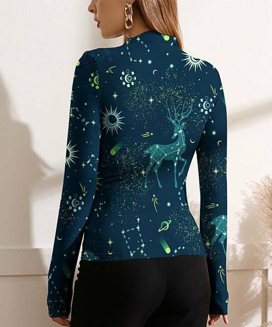 Women * | Best Deal Izuria Dark Blue Reindeer Moon Ruched-Front Long-Sleeve Top Women