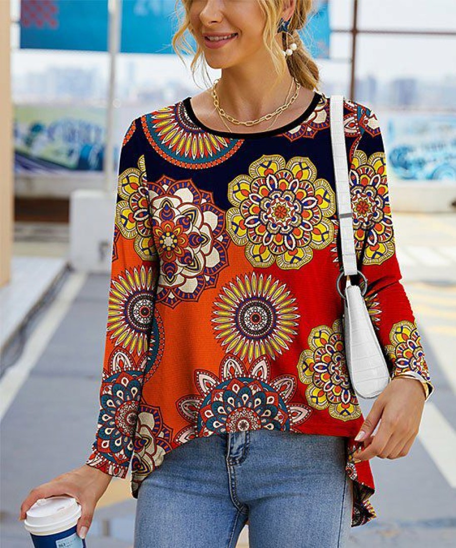 Womens Plus * | Deals Izuria Orange & Yellow Mandala High-Low Long-Sleeve Tunic Women