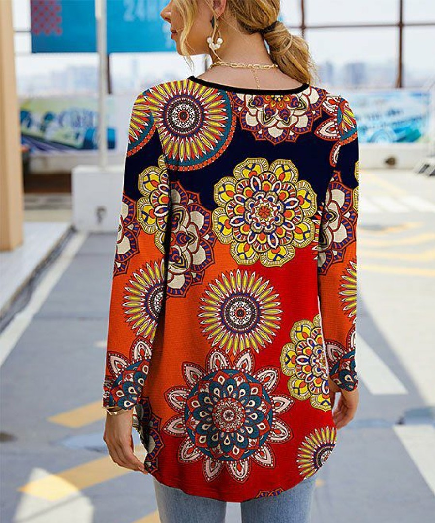 Womens Plus * | Deals Izuria Orange & Yellow Mandala High-Low Long-Sleeve Tunic Women