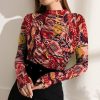 Womens Plus * | Deals Izuria Red & Yellow Abstract Ruched-Front Long-Sleeve Top Women