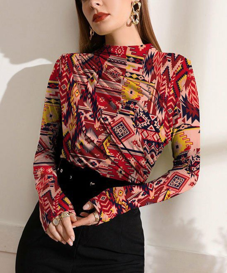 Womens Plus * | Deals Izuria Red & Yellow Abstract Ruched-Front Long-Sleeve Top Women