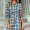 Women * | Discount Izuria Blue & White Plaid Tie-Front Long-Sleeve Button-Up Dress Women