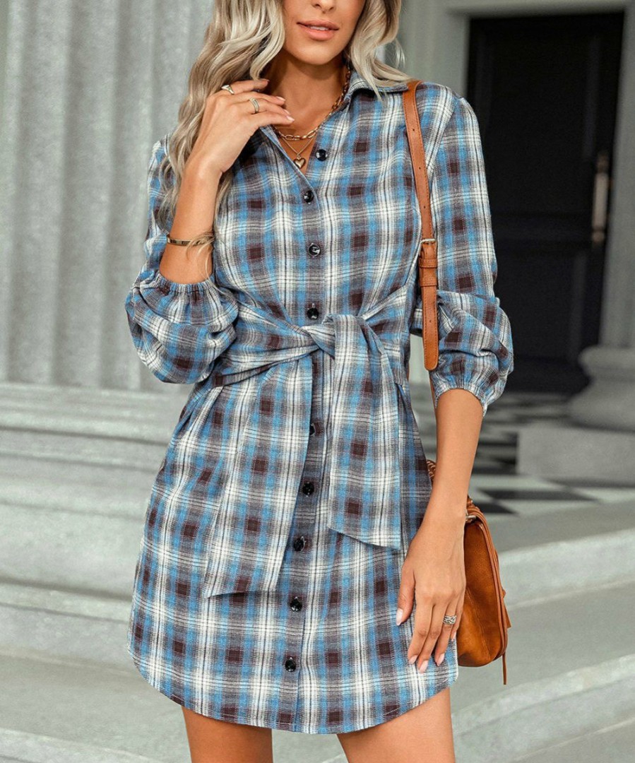 Women * | Discount Izuria Blue & White Plaid Tie-Front Long-Sleeve Button-Up Dress Women