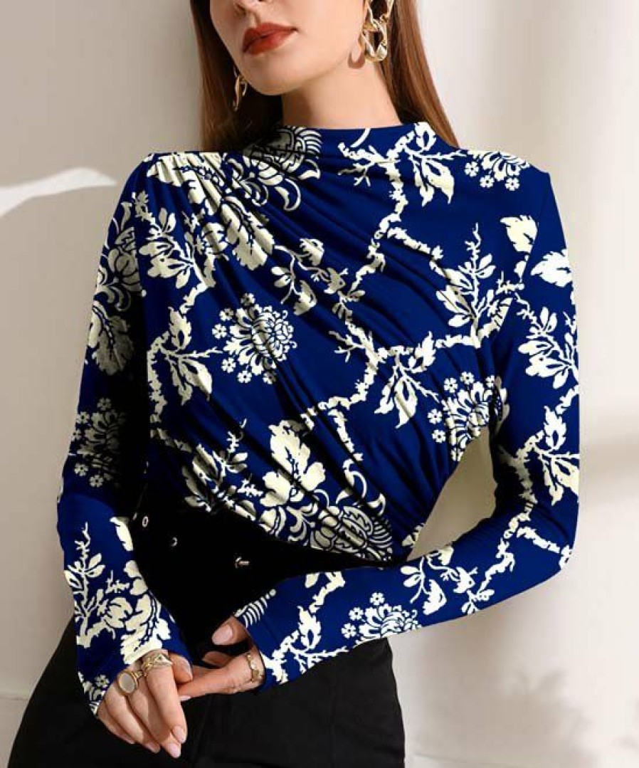 Women * | New Izuria Blue & White Floral Ruched-Front Long-Sleeve Top Women & Plus