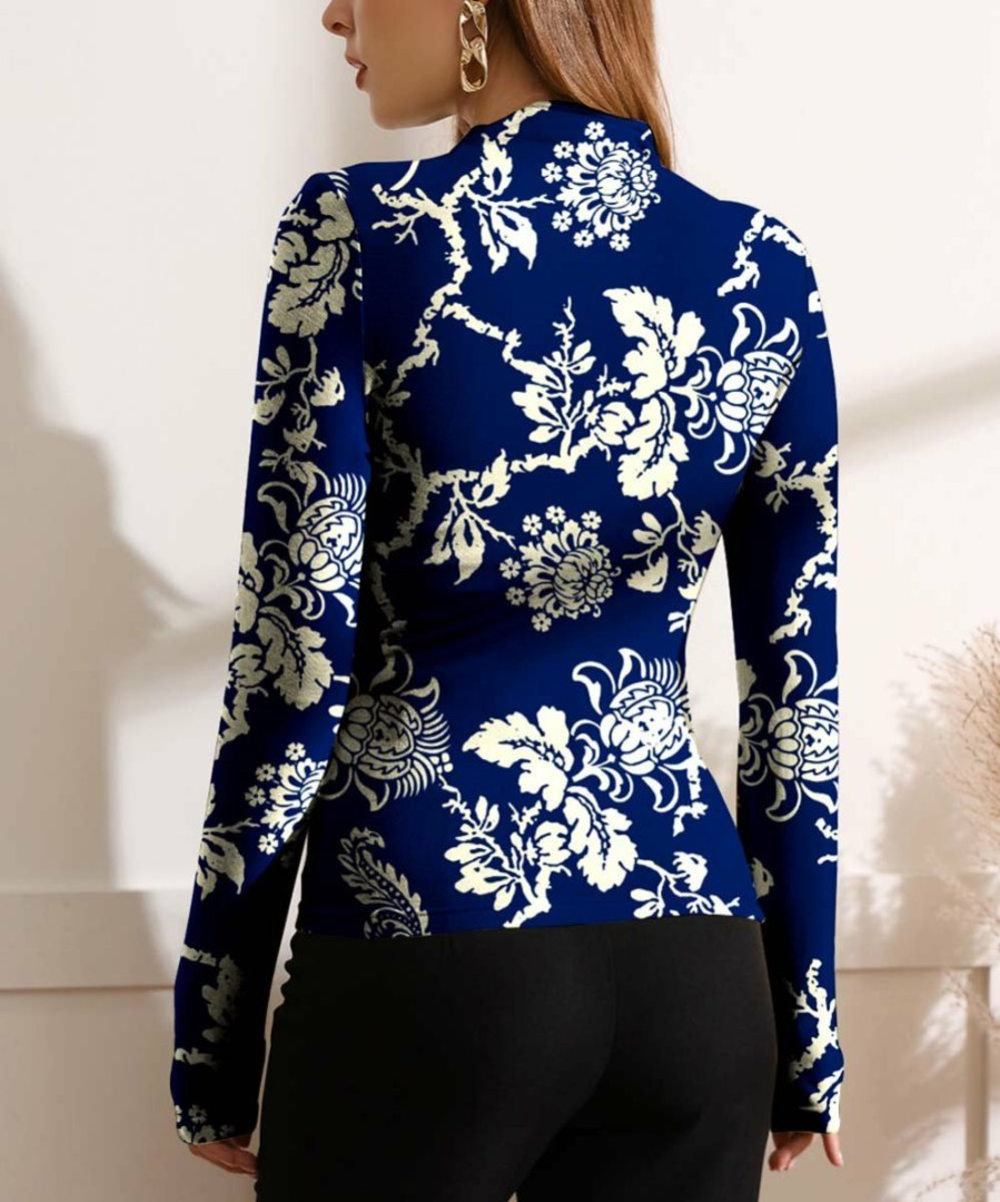 Women * | New Izuria Blue & White Floral Ruched-Front Long-Sleeve Top Women & Plus