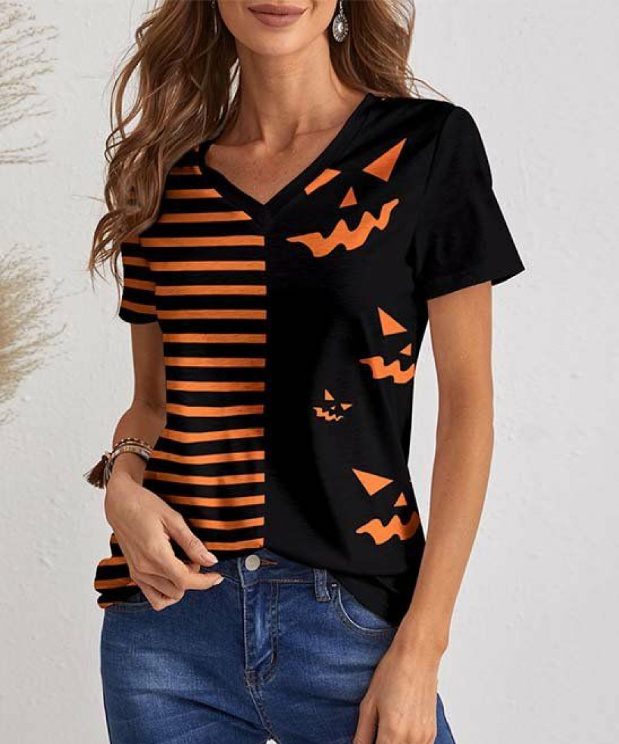 Other * | Flash Sale Izuria Black & Orange Stripe Bat Short-Sleeve V-Neck Top Plus