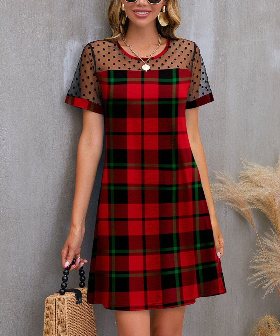 Women * | Cheapest Izuria Black & Red Plaid Sheer-Accent Shift Dress Plus