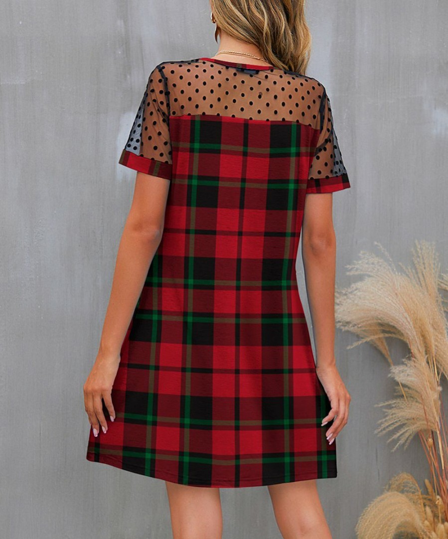 Women * | Cheapest Izuria Black & Red Plaid Sheer-Accent Shift Dress Plus