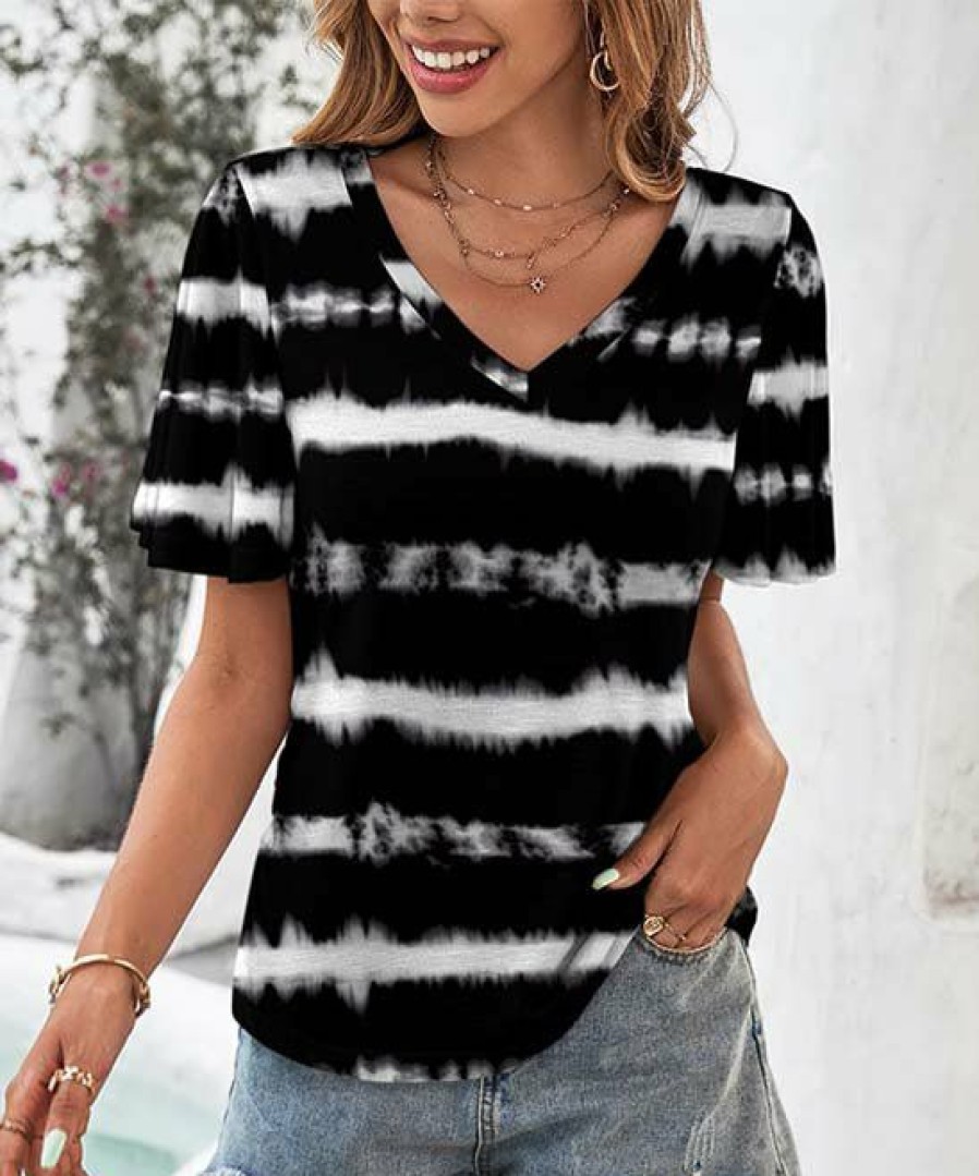 Womens Plus * | Outlet Izuria Black & White Tie-Dye Stripe Bell-Sleeve V-Neck Top Women