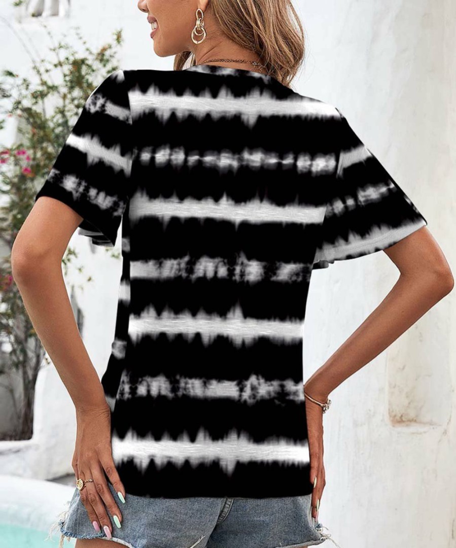 Womens Plus * | Outlet Izuria Black & White Tie-Dye Stripe Bell-Sleeve V-Neck Top Women