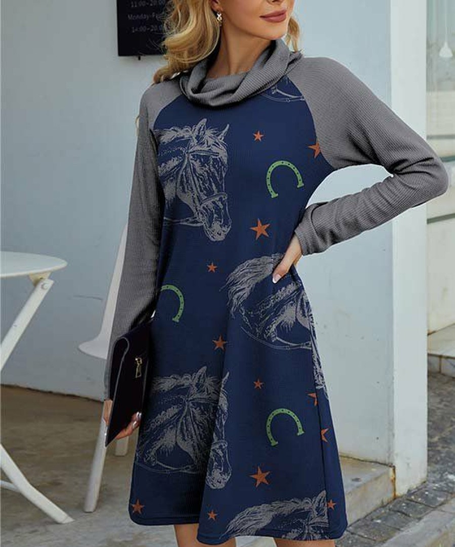 Women * | Promo Izuria Blue & Gray Horse Head Waffle-Knit Cowl Neck A-Line Dress Women