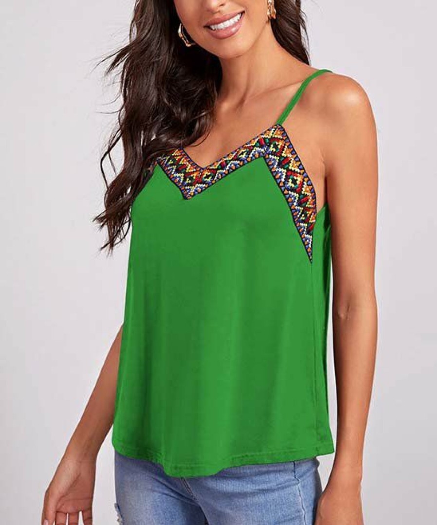 Womens Plus * | Budget Izuria Green Embroidered Ribbon-Trim V-Neck Camisole Women