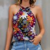 Women * | Brand New Izuria Purple & Blue Floral Ruffle-Accent Halter Tank Plus