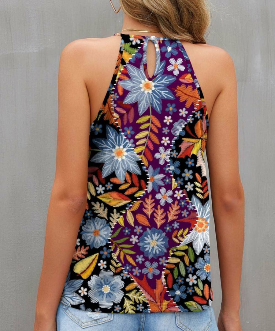 Women * | Brand New Izuria Purple & Blue Floral Ruffle-Accent Halter Tank Plus