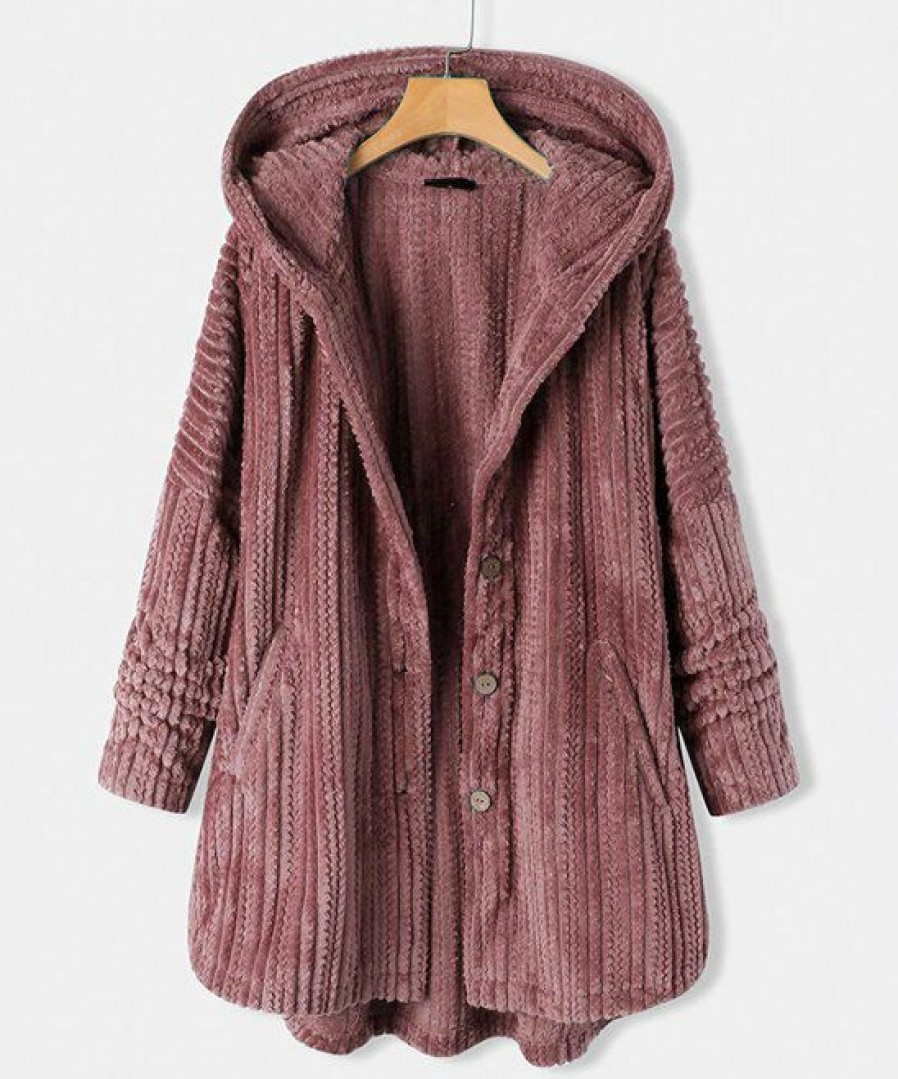 Women * | Cheapest Izuria Pink Cable-Knit Hooded Pocket Button-Up Jacket Women & Plus