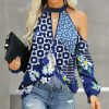 Womens Plus * | Hot Sale Izuria Blue & White Patchwork Cold-Shoulder Wrap Top Plus