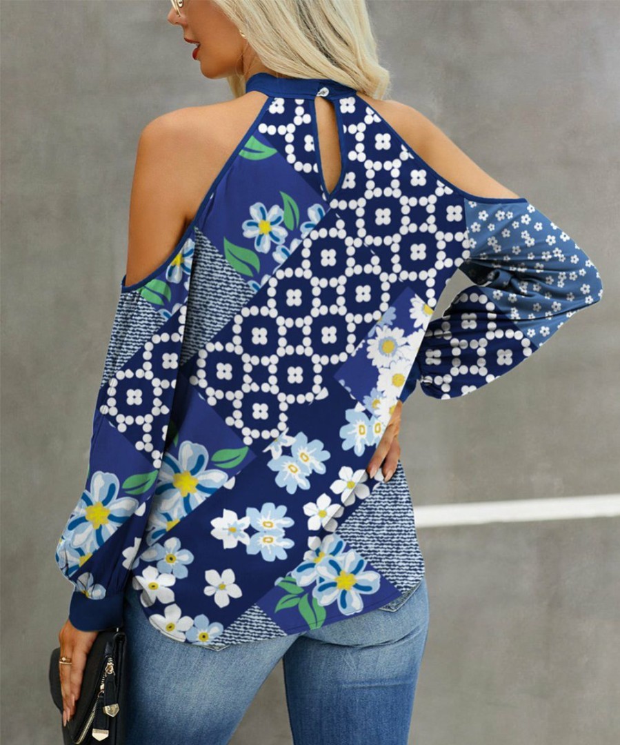 Womens Plus * | Hot Sale Izuria Blue & White Patchwork Cold-Shoulder Wrap Top Plus