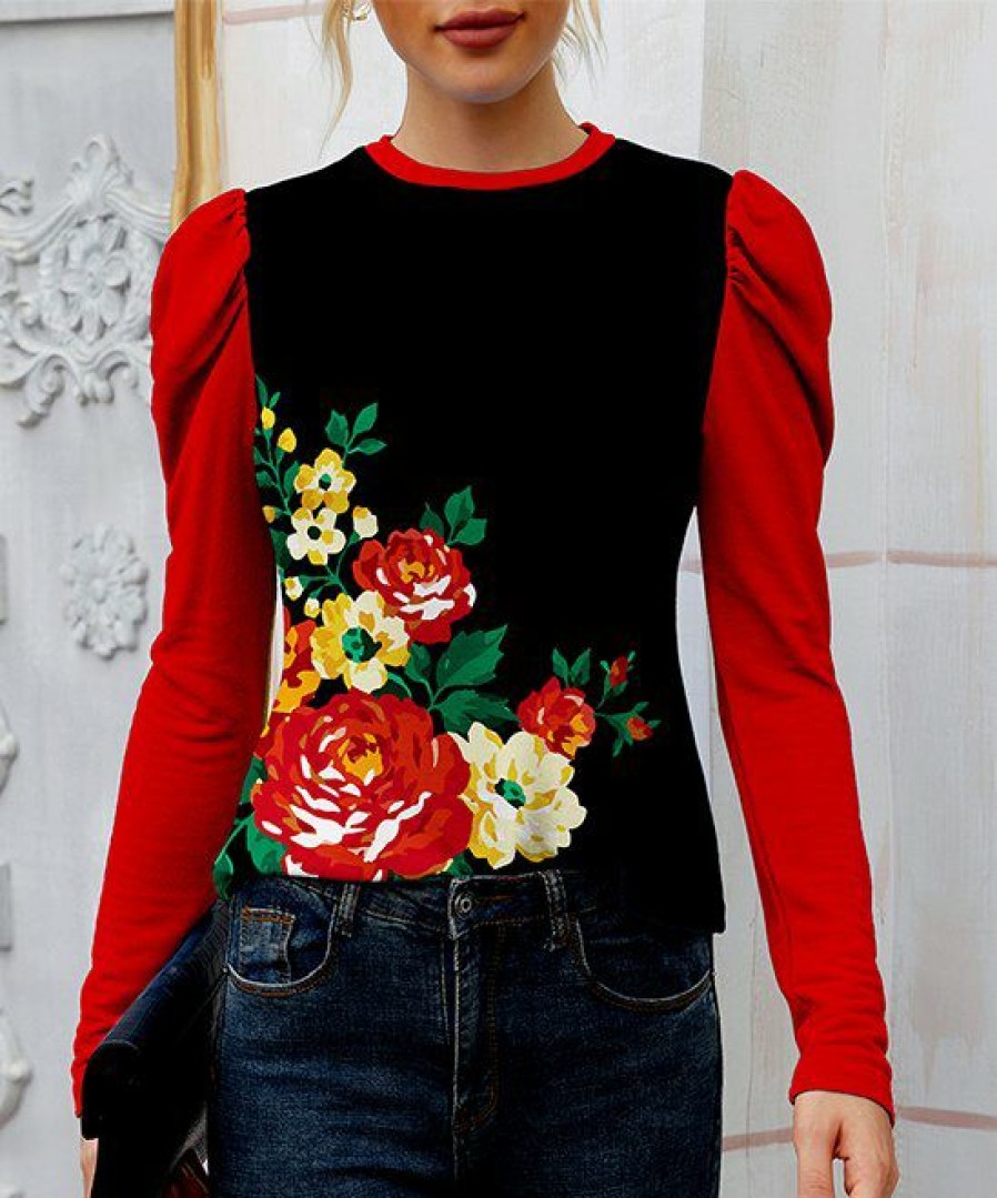 Womens Plus * | Best Deal Izuria Black & Red Floral Crewneck Puff-Sleeve Top Plus