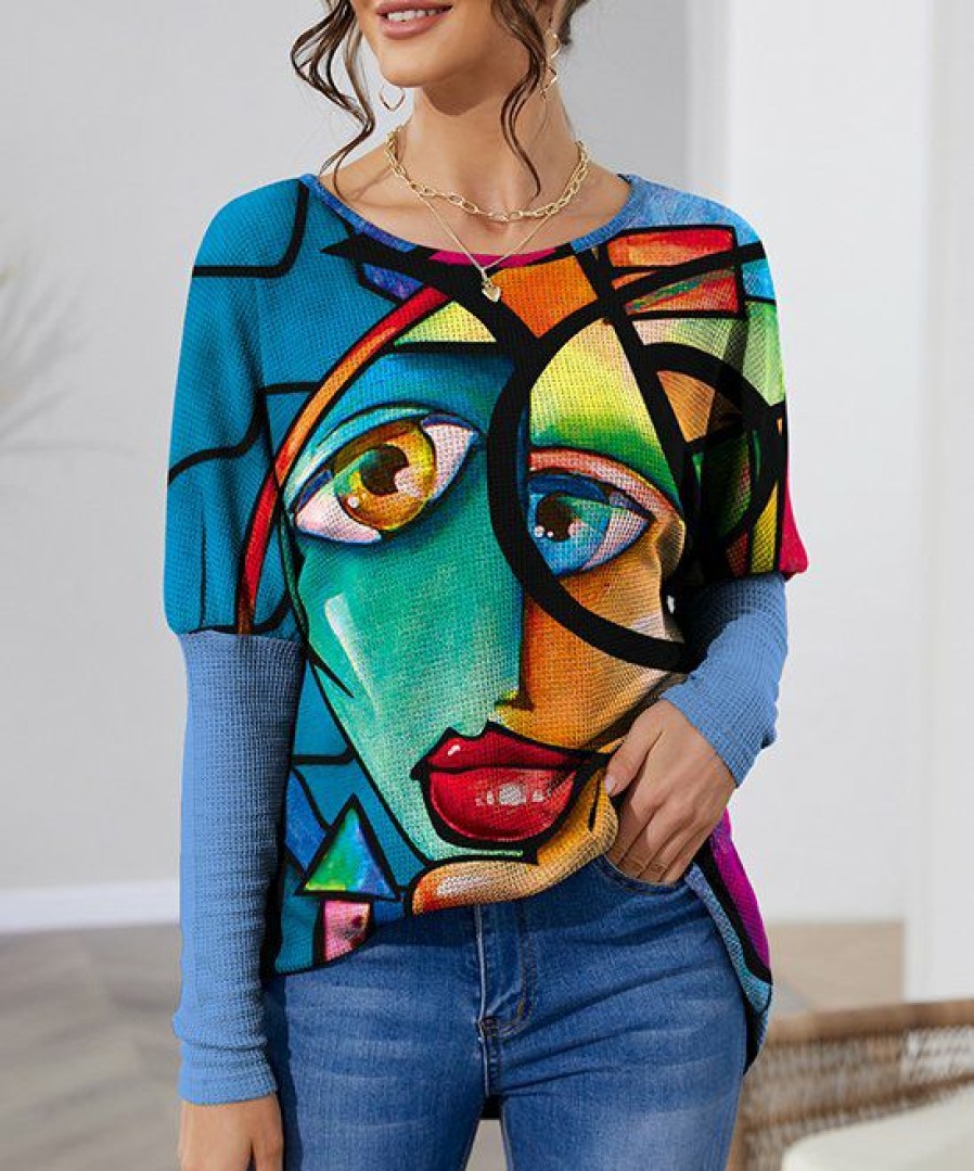 Women * | Hot Sale Izuria Light Blue & Blue Abstract Face Waffle-Knit Balloon-Sleeve Tunic Women