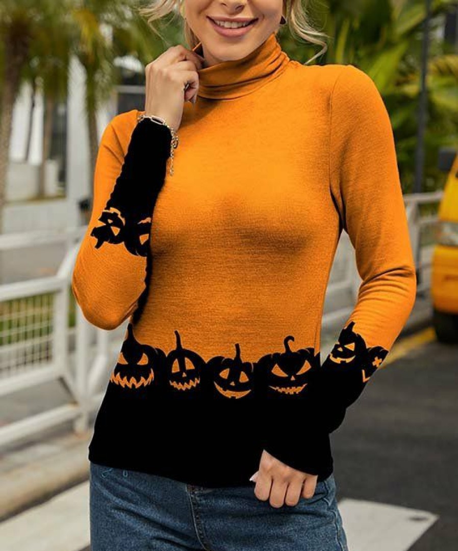 Womens Plus * | Hot Sale Izuria Orange & Black Pumpkin Long-Sleeve Turtleneck Women