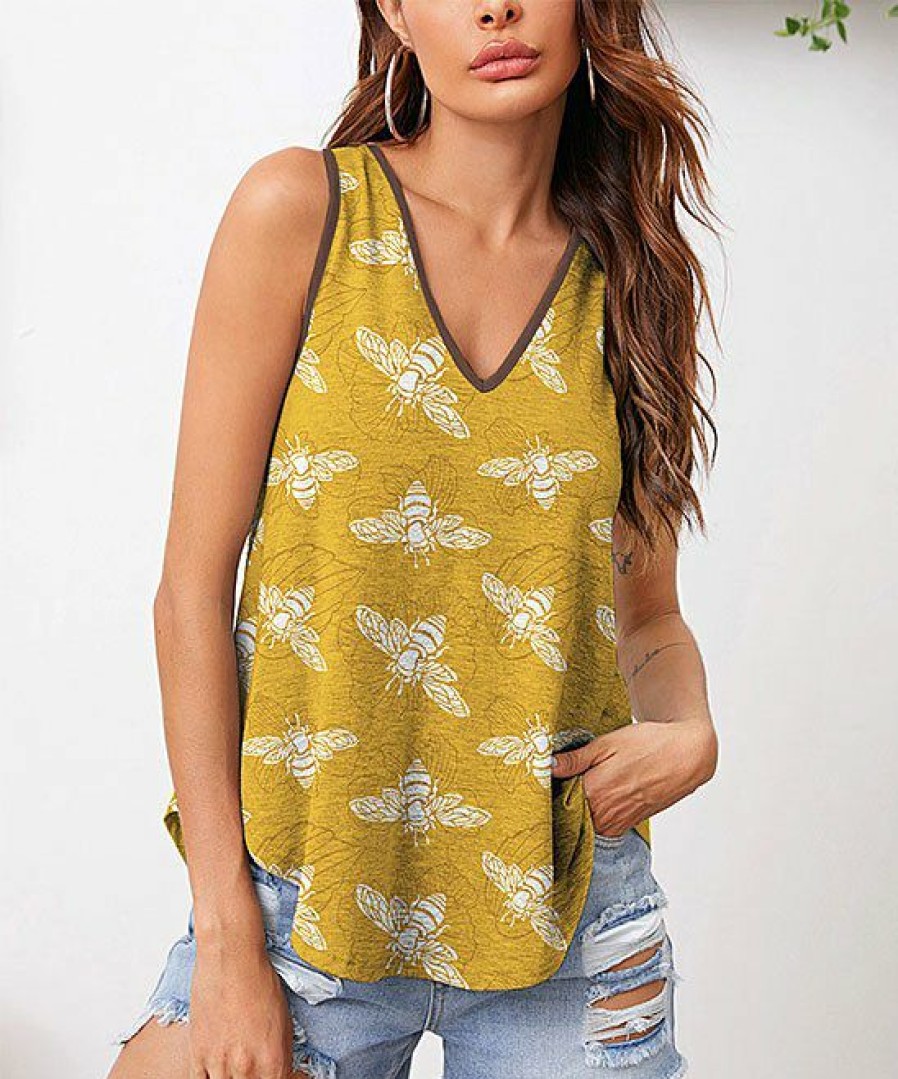 Womens Plus * | Budget Izuria Yellow & White Bee V-Neck Curved-Hem Tank Women