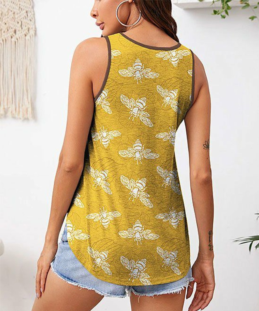 Womens Plus * | Budget Izuria Yellow & White Bee V-Neck Curved-Hem Tank Women