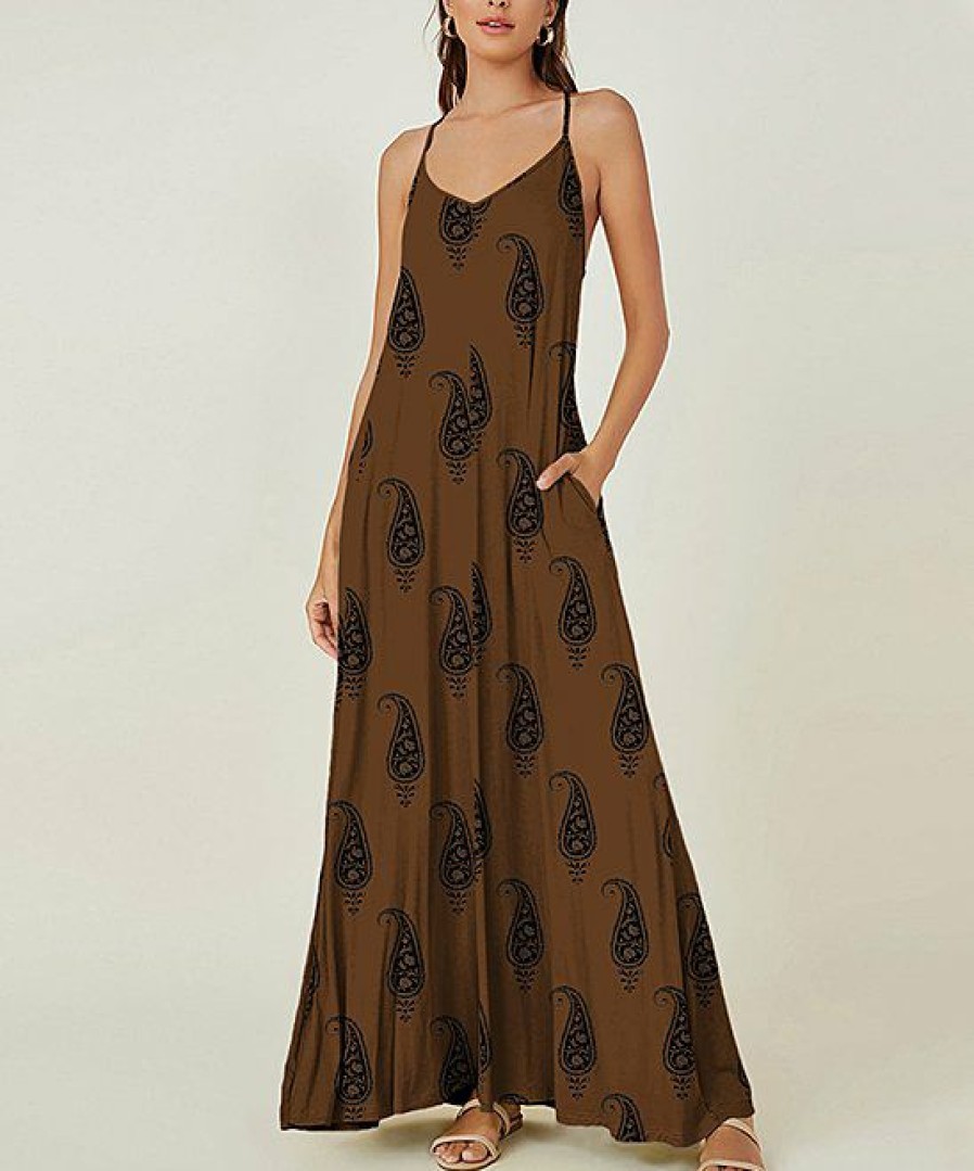 Women * | Cheap Izuria Brown & Black Paisley Sleeveless Maxi Dress Women