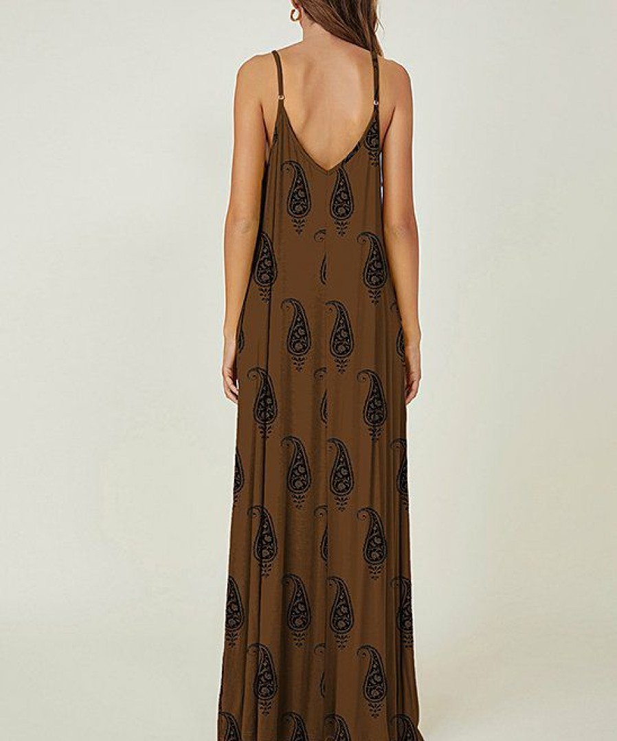 Women * | Cheap Izuria Brown & Black Paisley Sleeveless Maxi Dress Women