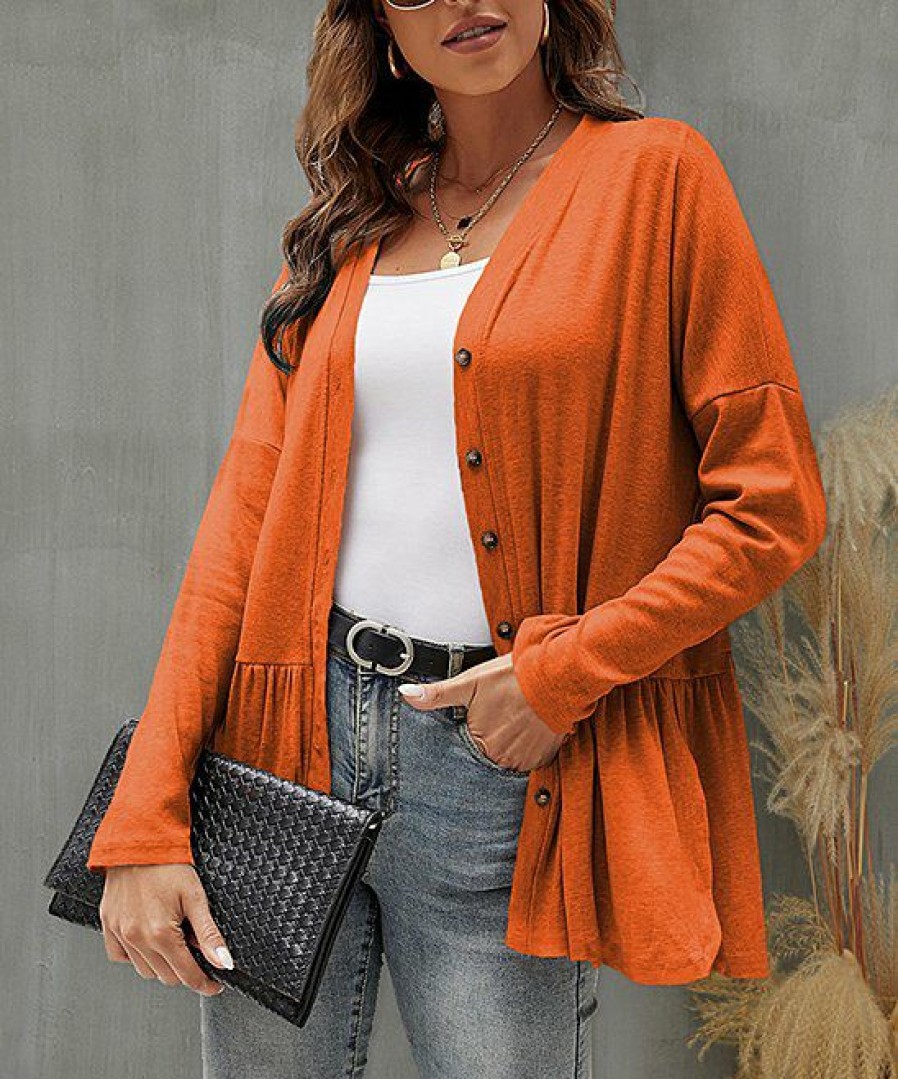 Women * | Best Sale Izuria Orange Ruffle-Hem Button-Up Cardigan Women