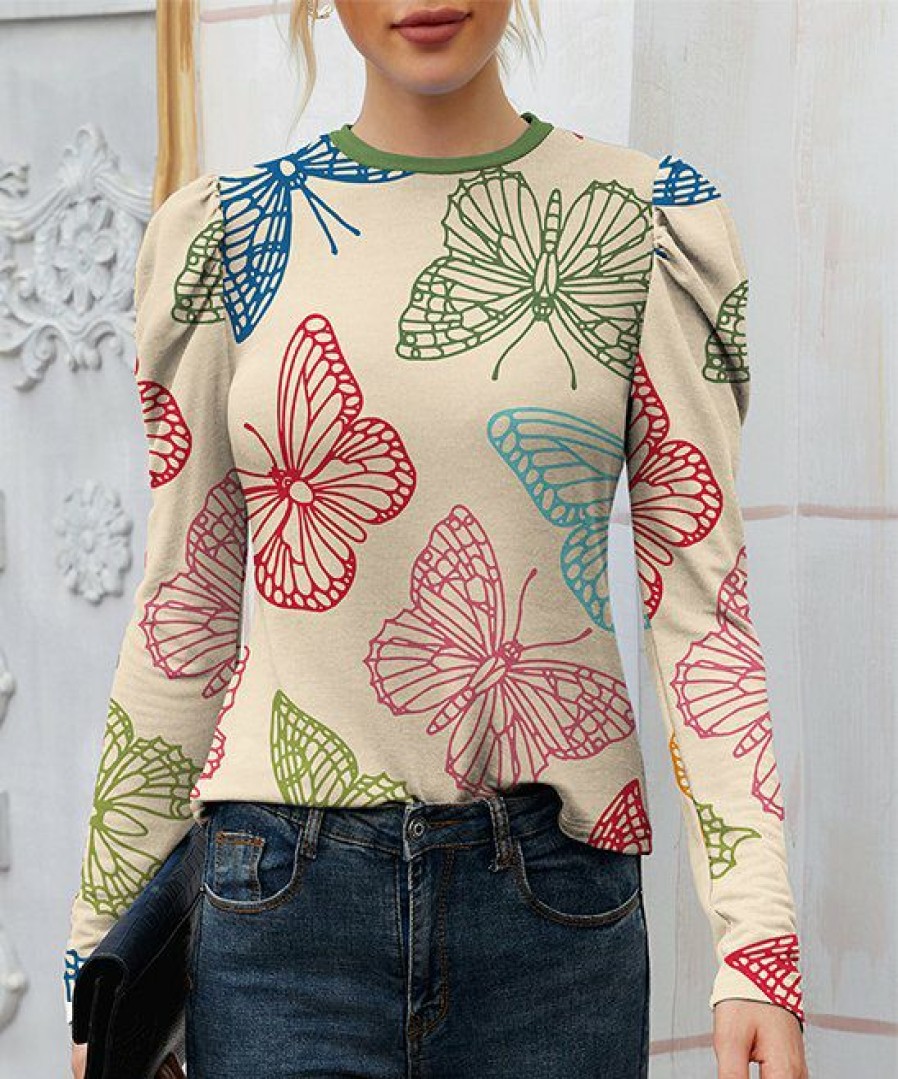 Womens Plus * | Best Pirce Izuria Apricot & Green Butterfly Crewneck Puff-Sleeve Top Plus