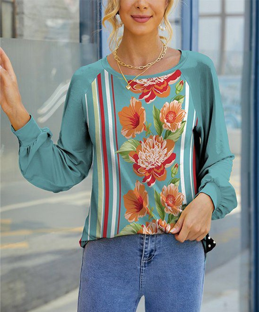 Womens Plus * | Flash Sale Izuria Aqua & Orange Floral Bishop-Sleeve Raglan Top Women