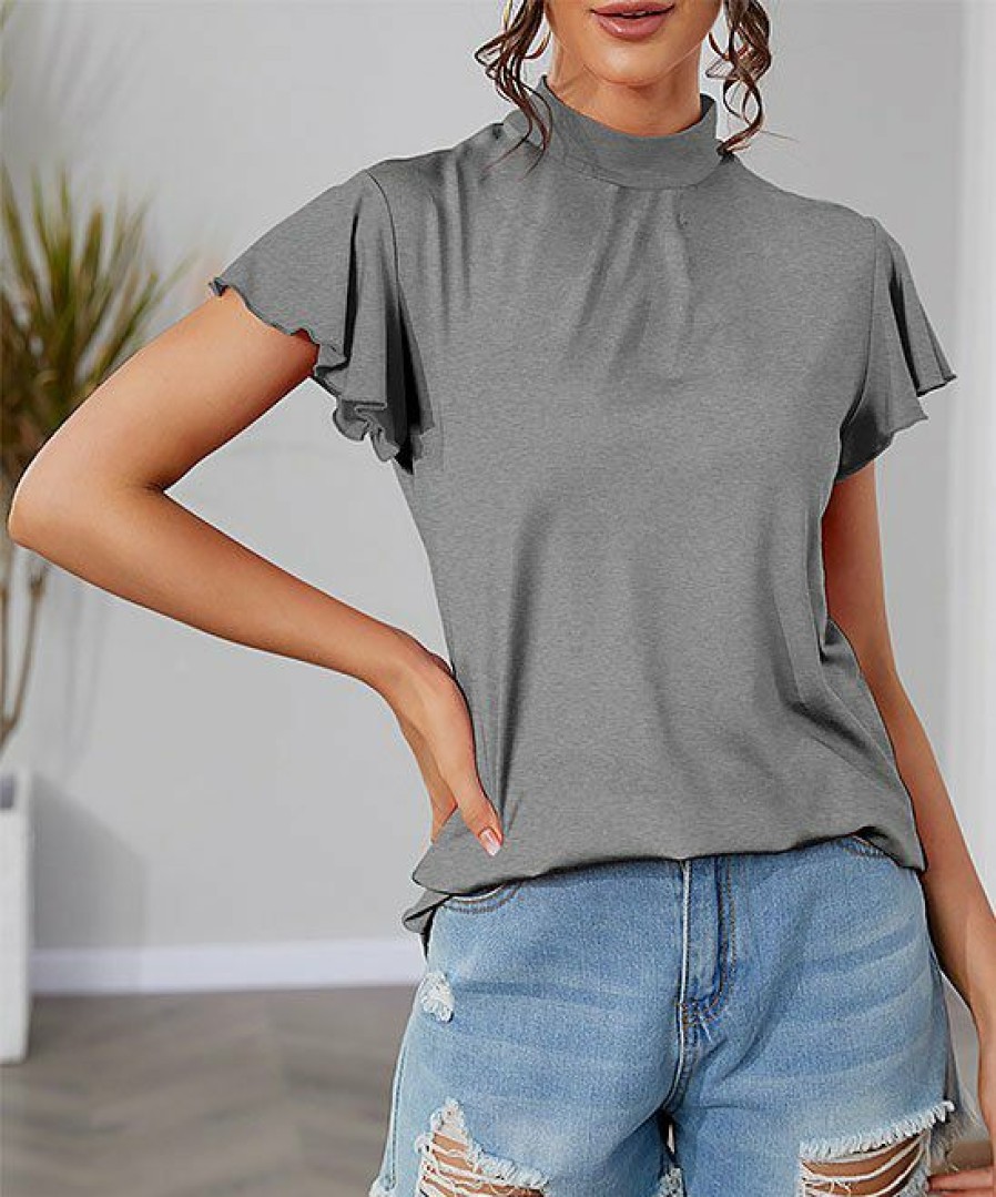 Womens Plus * | Deals Izuria Light Gray Mock Neck Flutter-Sleeve Top Plus