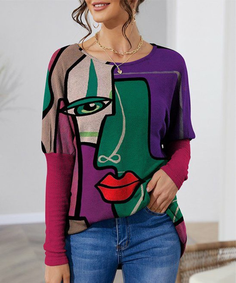 Women * | Coupon Izuria Fuchsia & Purple Abstract Face Balloon-Sleeve Waffle-Knit Tunic Women