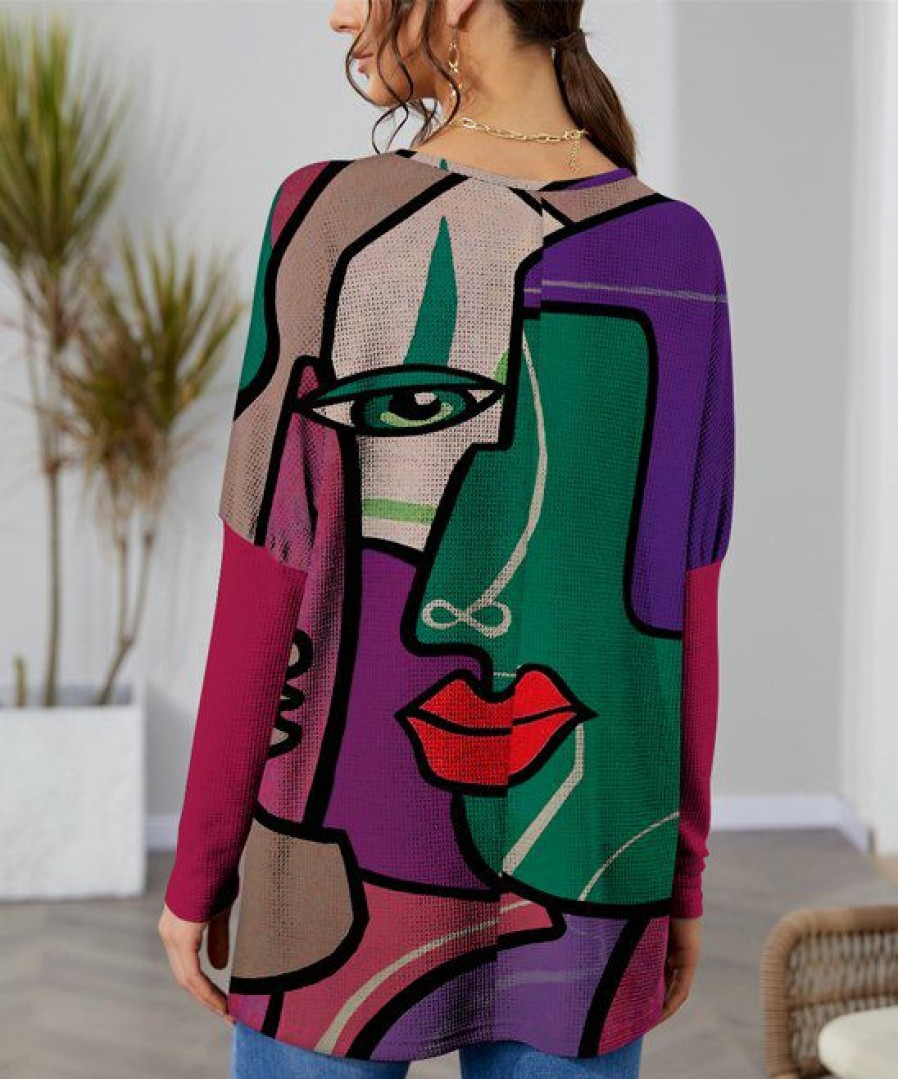 Women * | Coupon Izuria Fuchsia & Purple Abstract Face Balloon-Sleeve Waffle-Knit Tunic Women