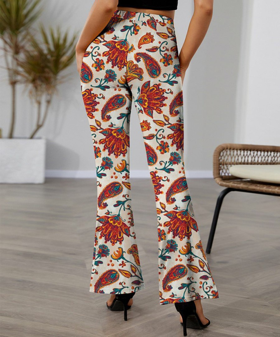 Womens Plus * | Wholesale Izuria Beige & Orange Paisley High-Waist Flare Pants Women