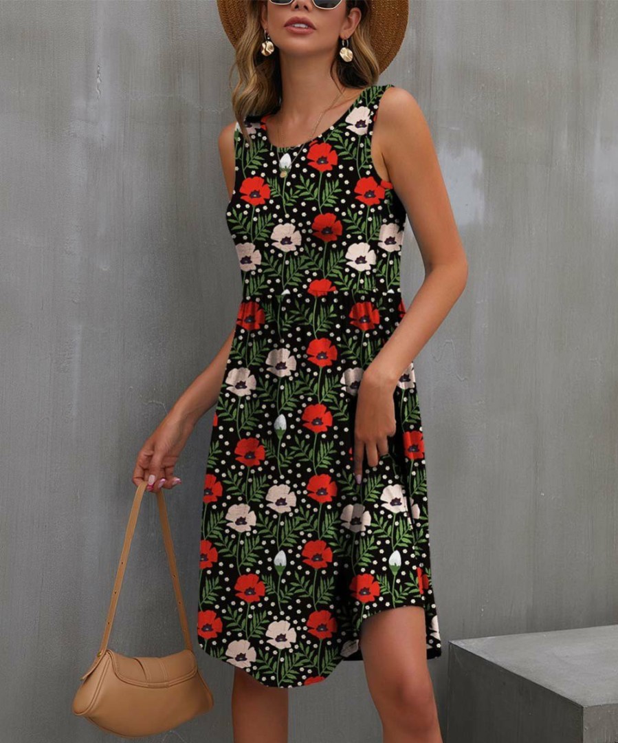 Womens Plus * | Wholesale Izuria Black & Red Floral Sleeveless Dress Women