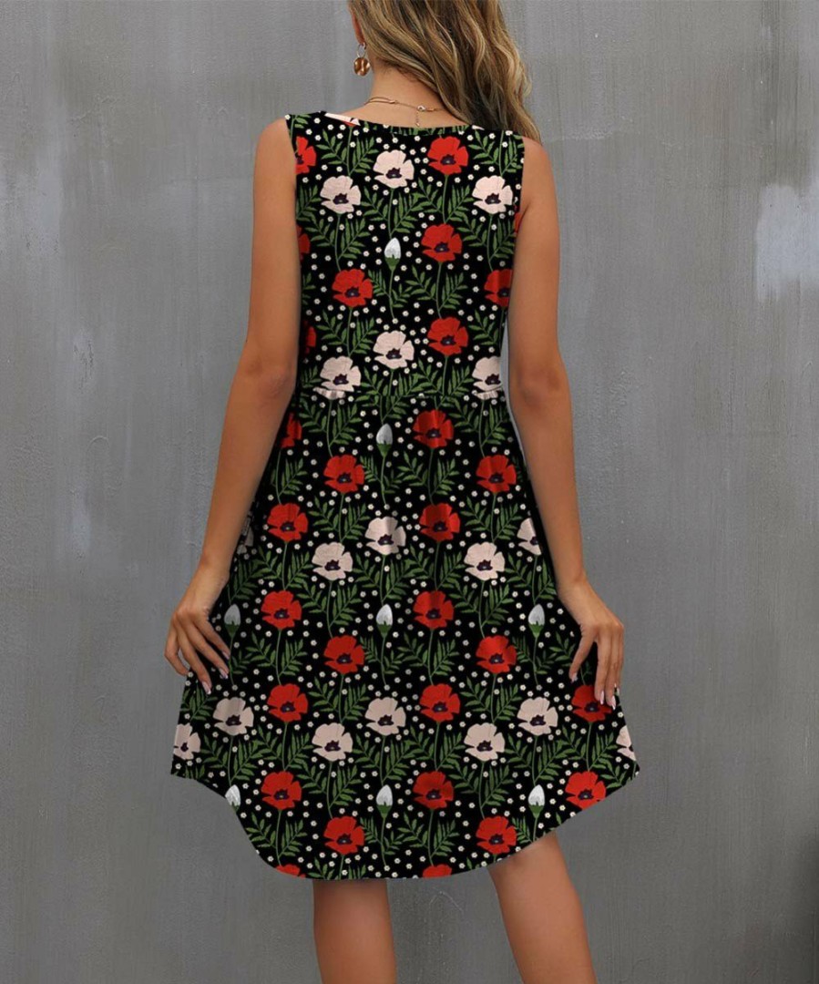 Womens Plus * | Wholesale Izuria Black & Red Floral Sleeveless Dress Women