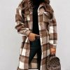 Women * | Cheapest Izuria Brown & White Plaid Pocket Longline Button-Up Shacket Women & Plus