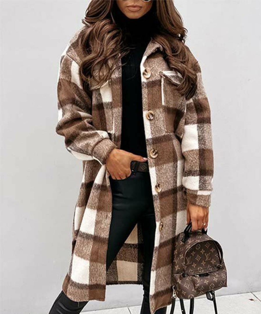 Women * | Cheapest Izuria Brown & White Plaid Pocket Longline Button-Up Shacket Women & Plus