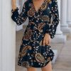 Women * | Deals Izuria Navy & Brown Paisley Long-Sleeve Empire-Waist Surplice Dress Women & Plus