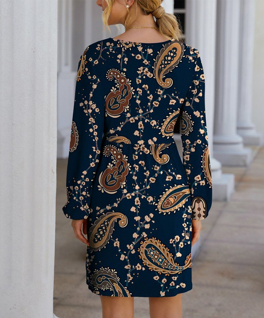 Women * | Deals Izuria Navy & Brown Paisley Long-Sleeve Empire-Waist Surplice Dress Women & Plus