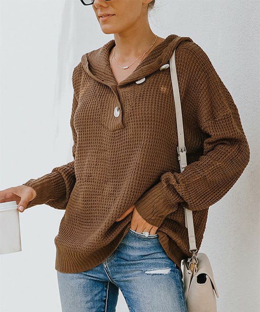 Women * | Cheap Izuria Brown Waffle-Knit Hooded Button-Front Sweater Women